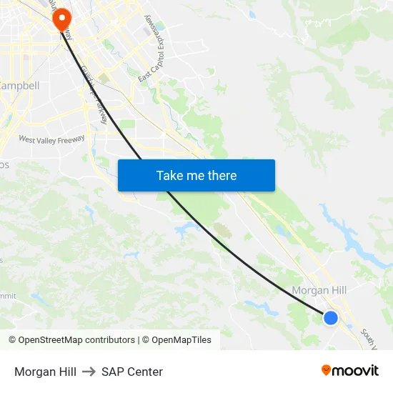 Morgan Hill to SAP Center map