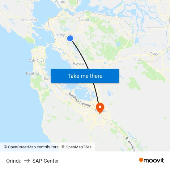 Orinda to SAP Center map