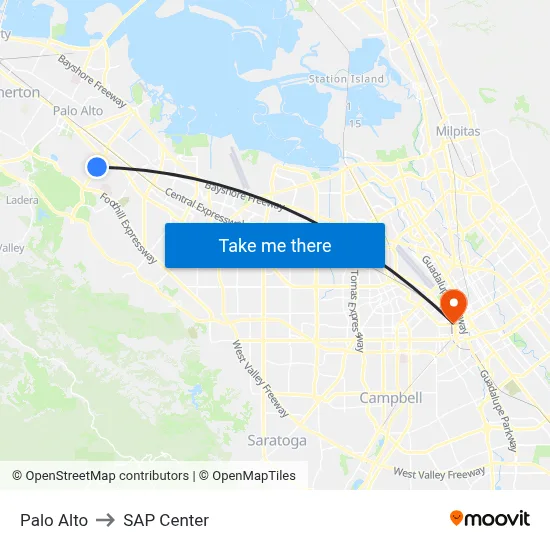 Palo Alto to SAP Center map