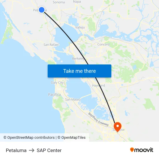 Petaluma to SAP Center map