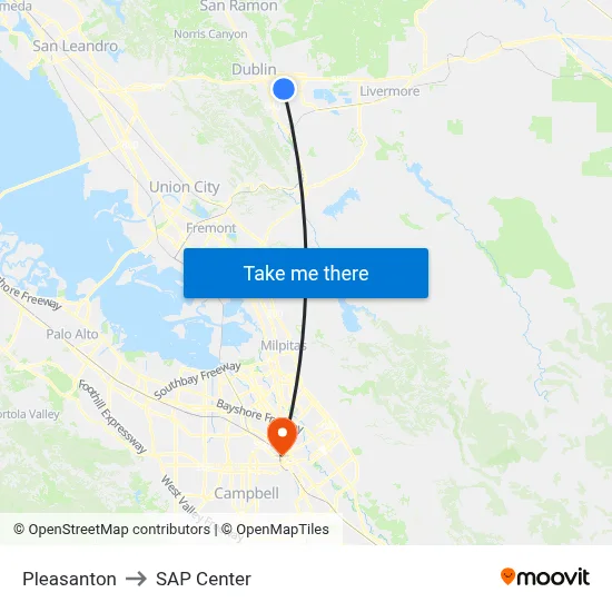 Pleasanton to SAP Center map