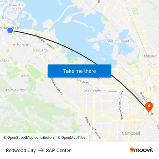 Redwood City to SAP Center map