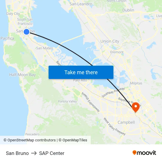 San Bruno to SAP Center map