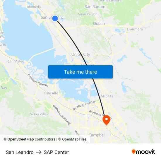 San Leandro to SAP Center map