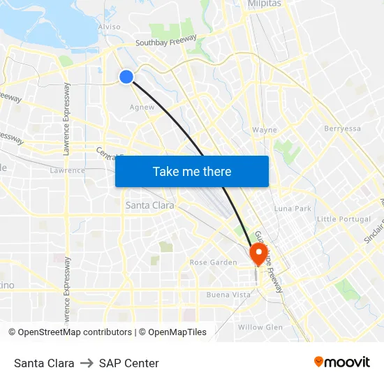 Santa Clara to SAP Center map