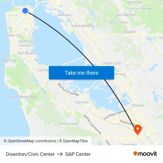 Downton/Civic Center to SAP Center map
