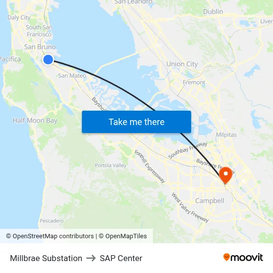 Millbrae Substation to SAP Center map