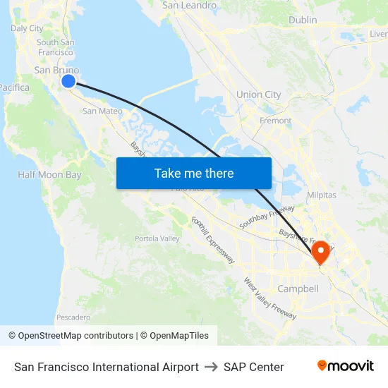 San Francisco International Airport to SAP Center map