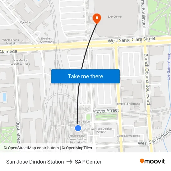 San Jose Diridon Station to SAP Center map