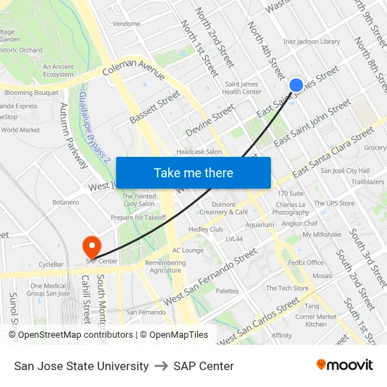 San Jose State University to SAP Center map