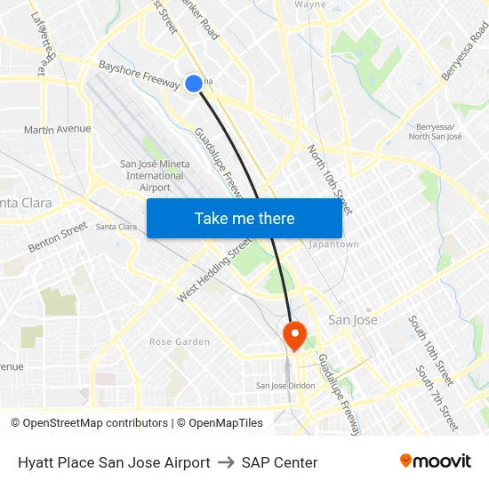 Hyatt Place San Jose Airport to SAP Center map