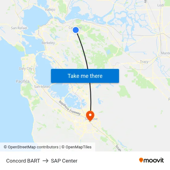Concord BART to SAP Center map