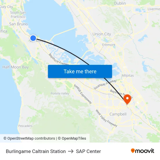 Burlingame Caltrain Station to SAP Center map