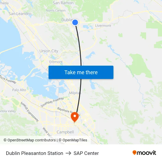 Dublin Pleasanton Station to SAP Center map