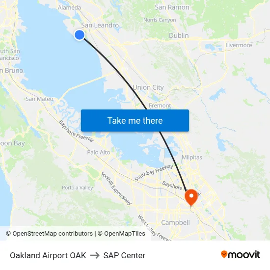 Oakland Airport OAK to SAP Center map