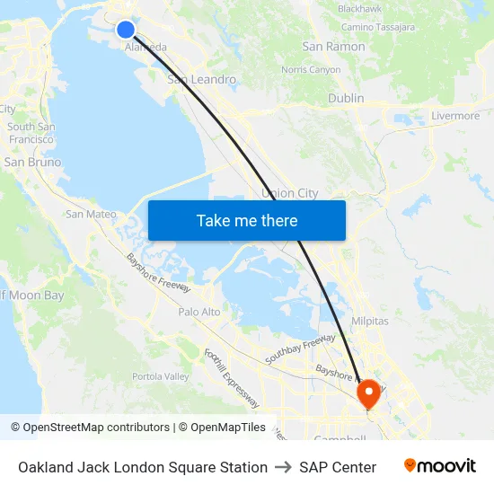 Oakland Jack London Square Station to SAP Center map