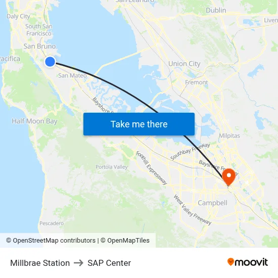 Millbrae Station to SAP Center map