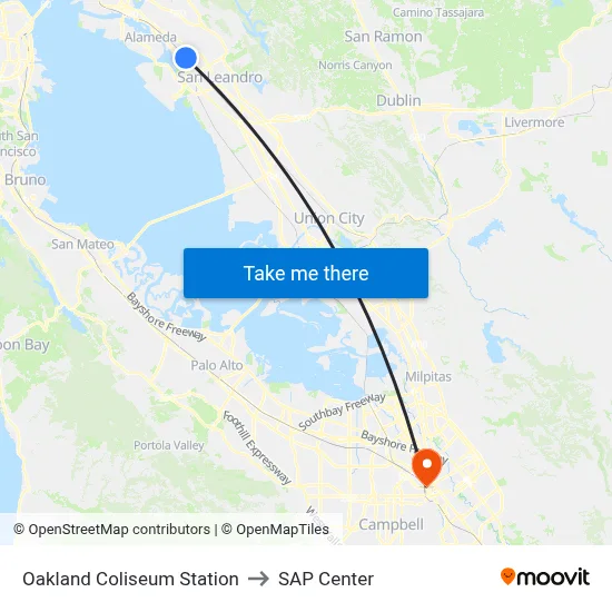 Oakland Coliseum Station to SAP Center map