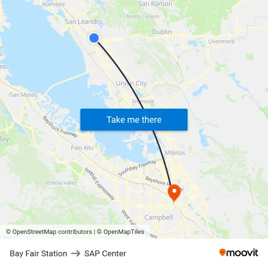 Bay Fair Station to SAP Center map