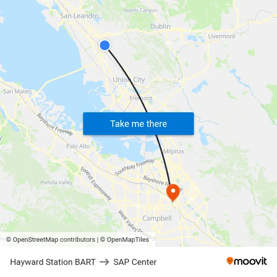 Hayward Station BART to SAP Center map