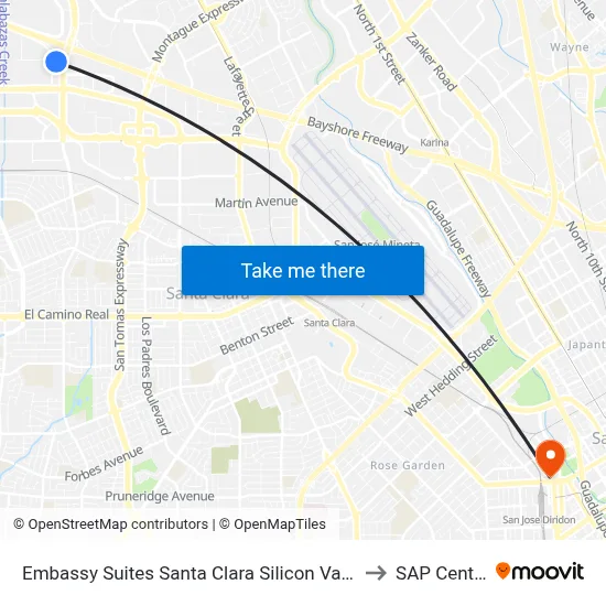 Embassy Suites Santa Clara Silicon Valley to SAP Center map