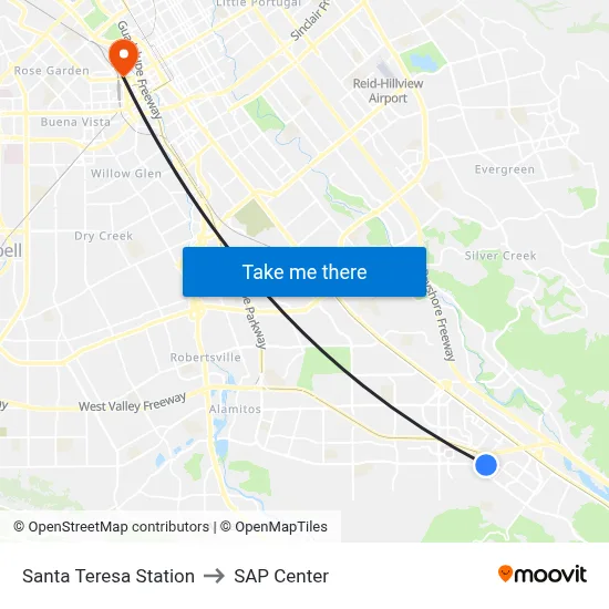 Santa Teresa Station to SAP Center map