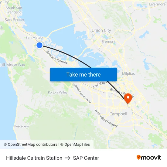Hillsdale Caltrain Station to SAP Center map