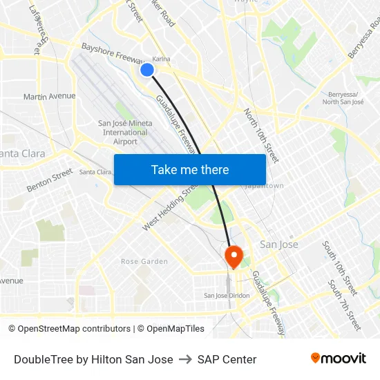 DoubleTree by Hilton San Jose to SAP Center map