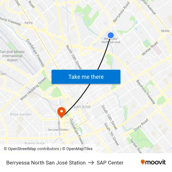 Berryessa North San José Station to SAP Center map