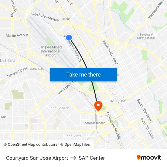 Courtyard San Jose Airport to SAP Center map