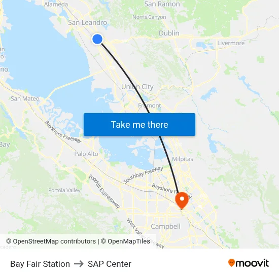 Bay Fair Station to SAP Center map