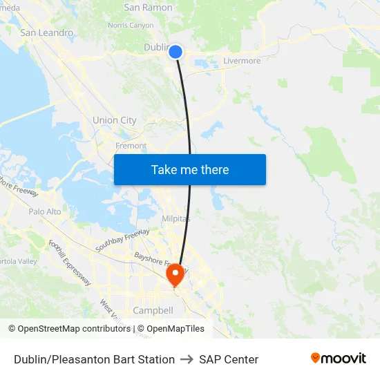 Dublin/Pleasanton Bart Station to SAP Center map