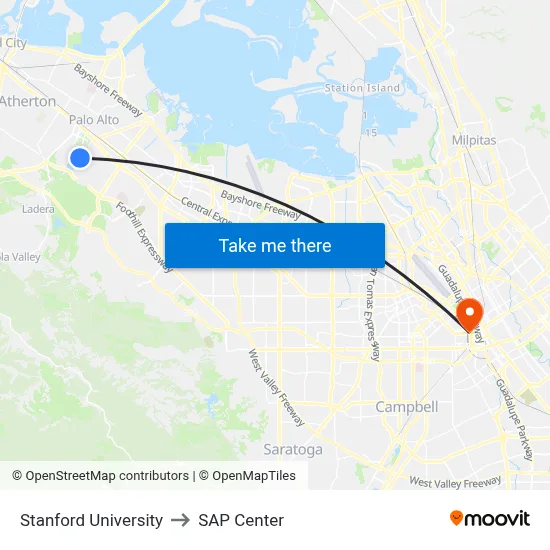 Stanford University to SAP Center map