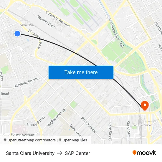 Santa Clara University to SAP Center map