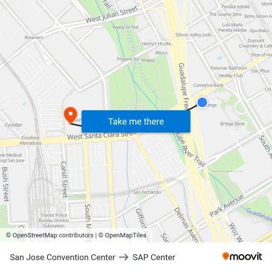 San Jose Convention Center to SAP Center map