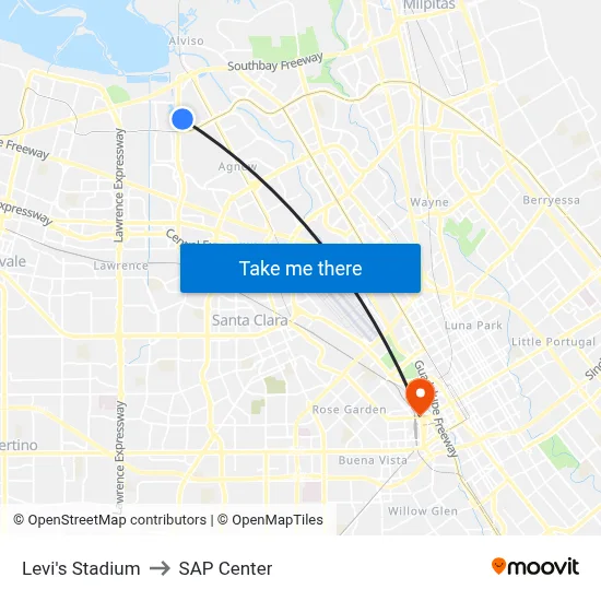 Levi's Stadium to SAP Center map