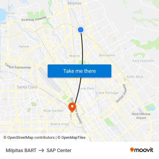 Milpitas BART to SAP Center map