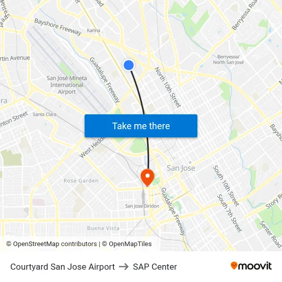 Courtyard San Jose Airport to SAP Center map