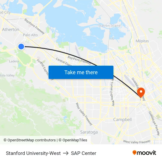 Stanford University-West, 355 Galvez St to SAP Center map