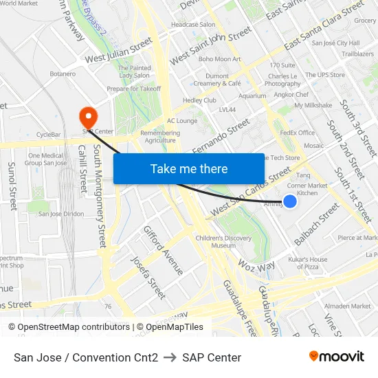 San Jose / Convention Cnt2 to SAP Center map