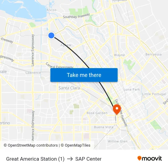 Great America Station (1) to SAP Center map