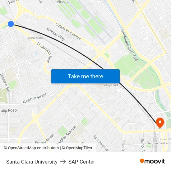 Santa Clara University to SAP Center map