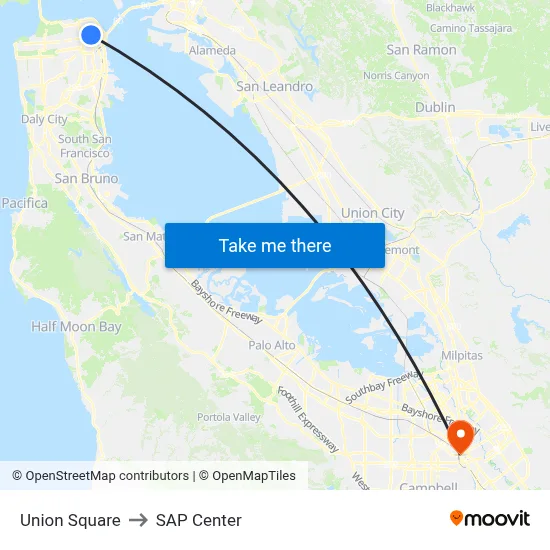 Union Square to SAP Center map