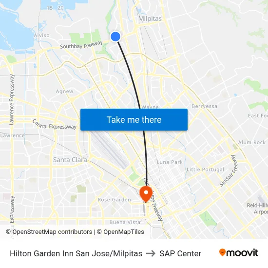 Hilton Garden Inn San Jose/Milpitas to SAP Center map