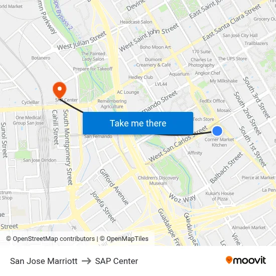 San Jose Marriott to SAP Center map