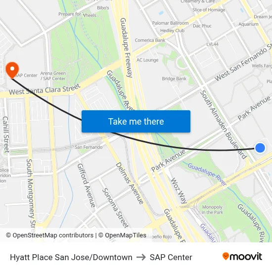 Hyatt Place San Jose/Downtown to SAP Center map