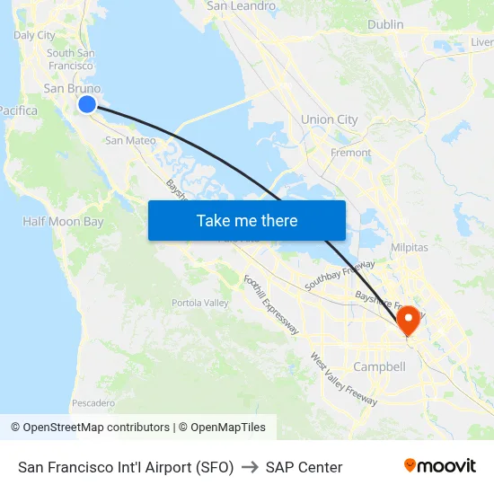 San Francisco Int'l Airport (SFO) to SAP Center map
