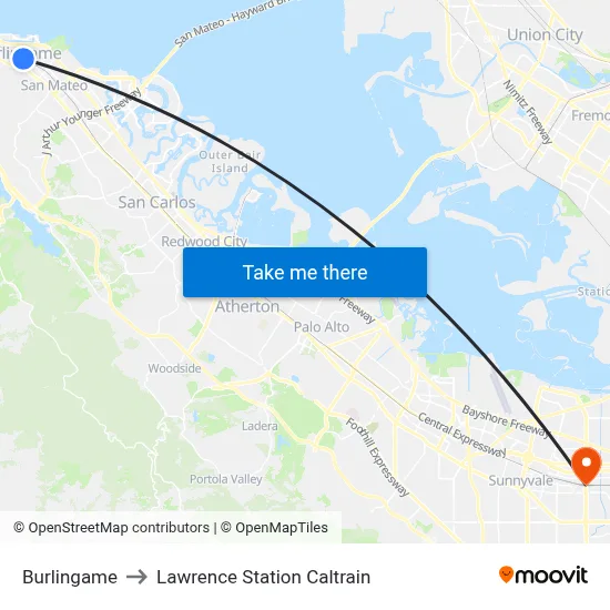 Burlingame to Lawrence Station Caltrain map