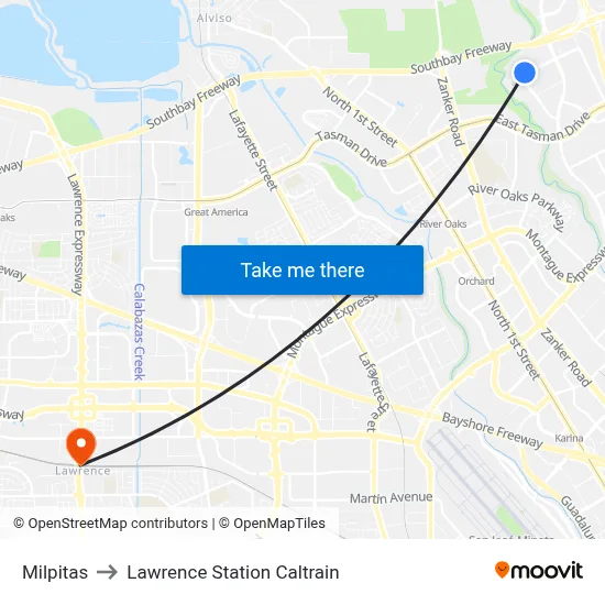 Milpitas to Lawrence Station Caltrain map