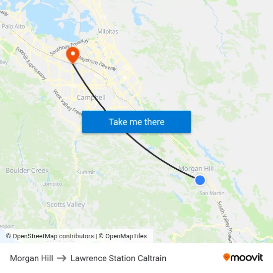 Morgan Hill to Lawrence Station Caltrain map